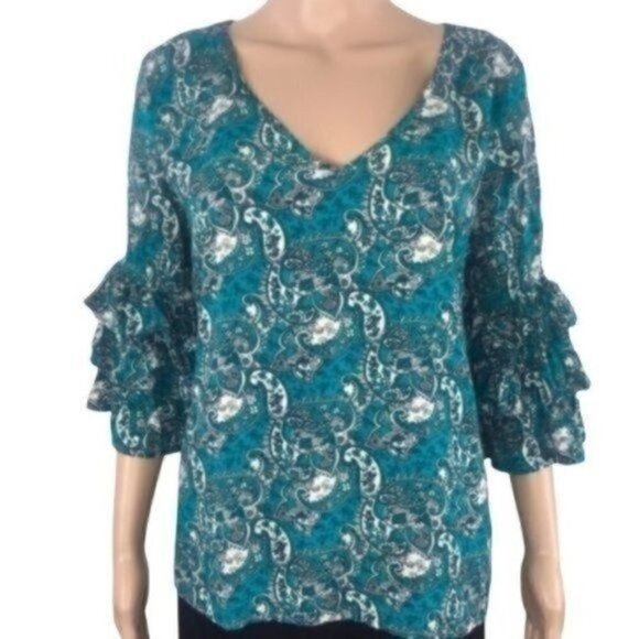 Solitaire Rayon paisley ruffled sleeve blouse size Large - Picture 1 of 8